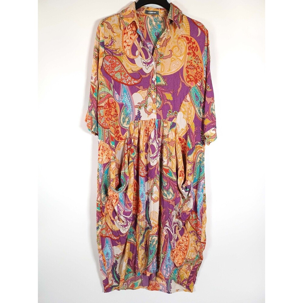 Alembika Midi Dress Floral Lagenlook Artsy XL* Pockets‎ Colorful Oversized Boho